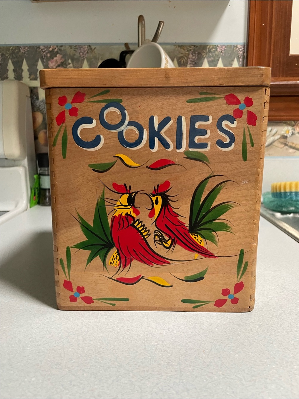 1950’s Hand-Painted Wooden 'Cookies' Box with Rooster Motif - Red & Green